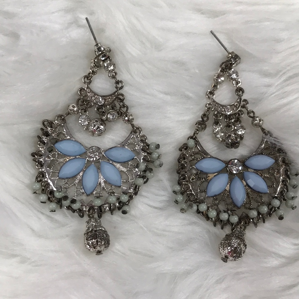 Big Silver Dangle Earrings Faux Rhinestones Vtg